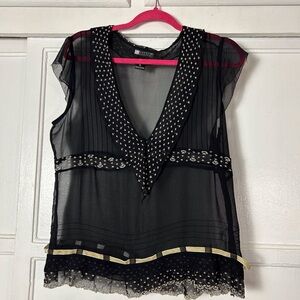 Carole Little Top 100% SILK XL Sheer Black Gold Ribbon V Neck Whimsy Goth Fairy